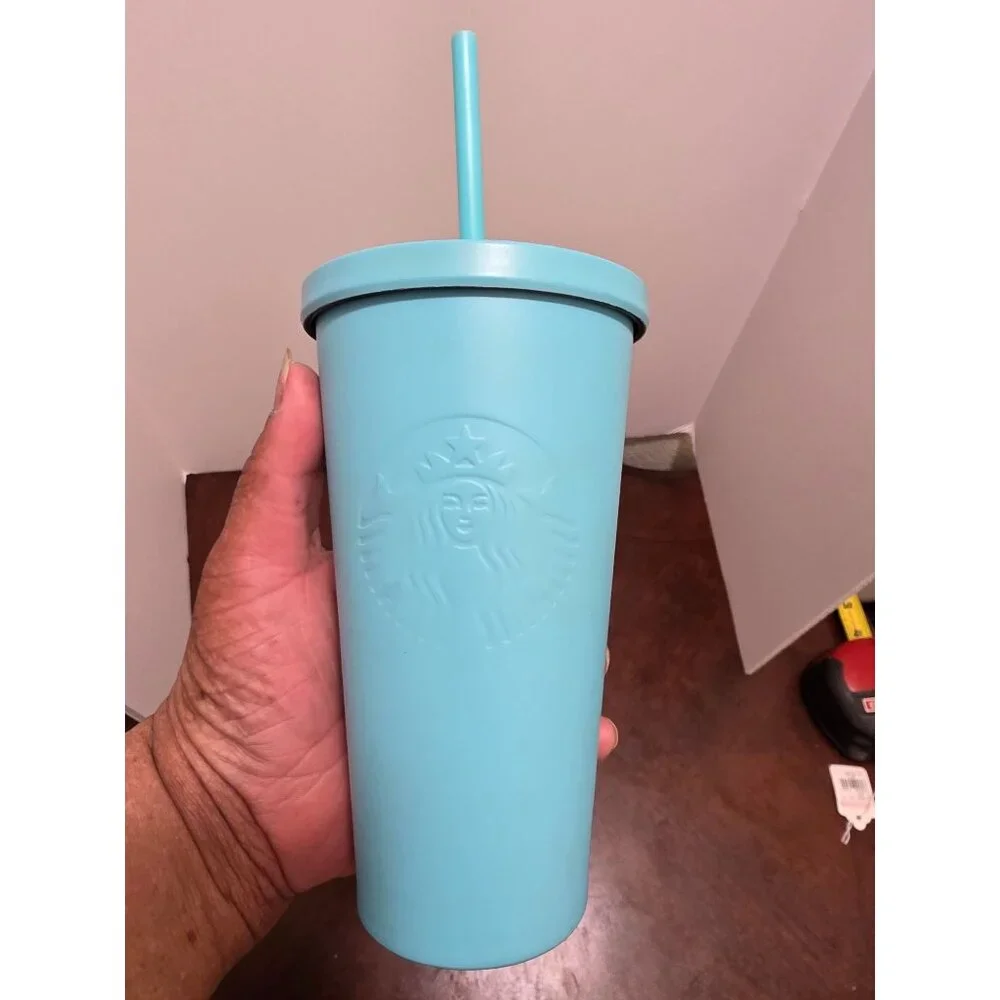 Starbucks 16 Oz Light Blue Cold‎ Cup Tumbler With Lid & Straw
